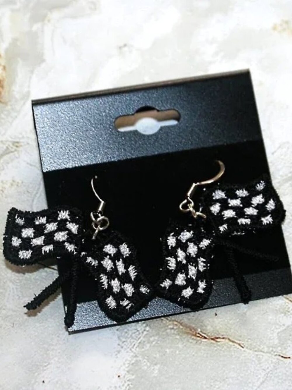 HANDMADE Earrings Checkered Flags Race Win Embroidered Pierced Black White